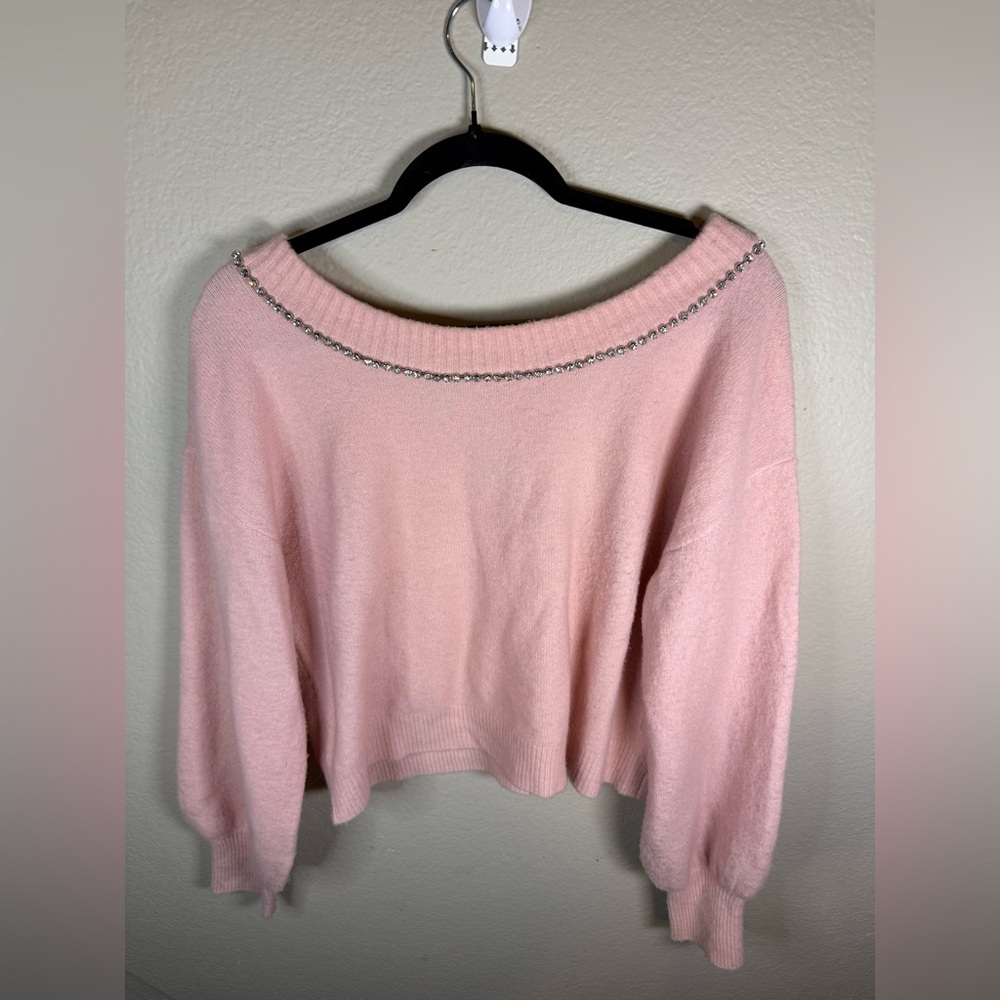 Express Pink Off-Shoulder Sweater with Rhinestone Detail